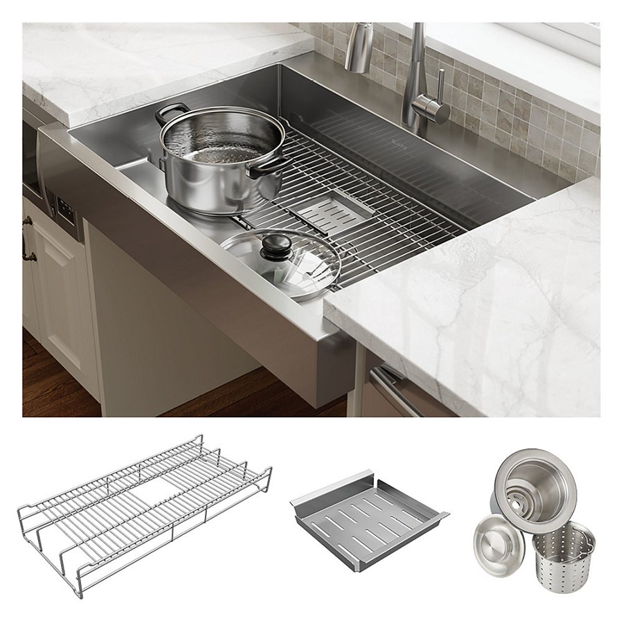 Dart Canyon® Stainless Steel 35-7/8" x 27-1/4" x 9-5/8" 1-Hole Single Bowl Farmhouse Workstation Sink with 4-13/16" Deep Work Shelf