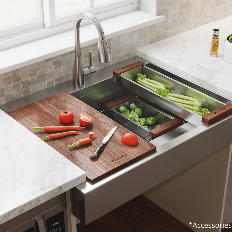 Dart Canyon® Stainless Steel 35-7/8" x 27-1/4" x 9-5/8" 1-Hole Single Bowl Farmhouse Workstation Sink with 4-13/16" Deep Work Shelf