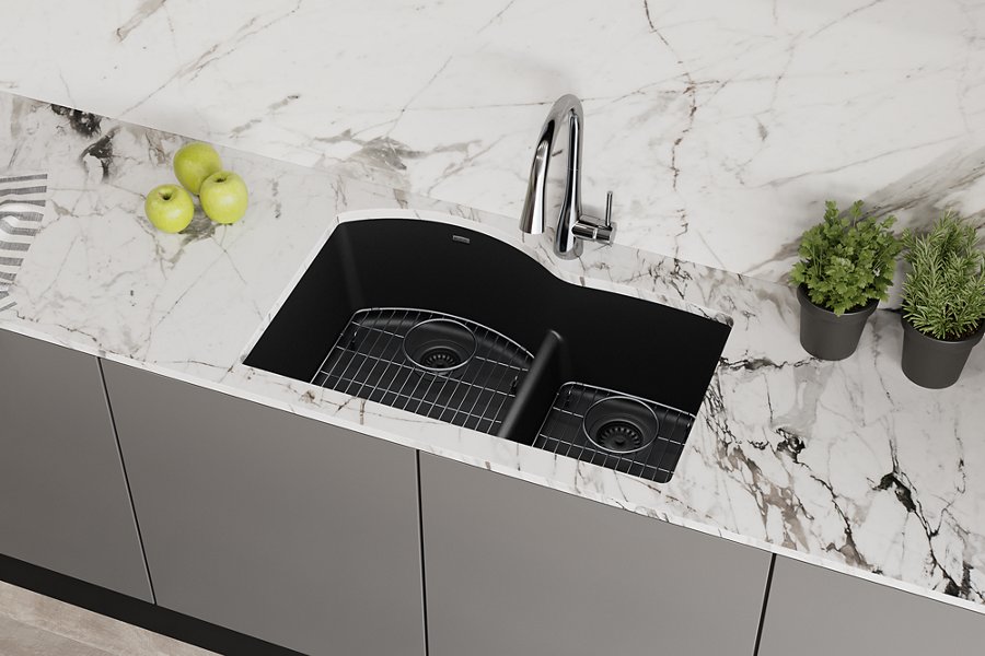 Quartz Classic® 33" x 22" x 10" Offset 60/40 Double Bowl Undermount Sink Kit with Aqua Divide