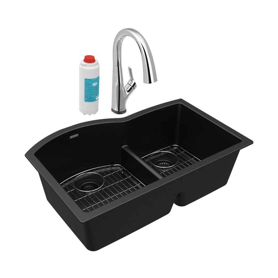 Quartz Classic® 33" x 22" x 10" Offset 60/40 Double Bowl Undermount Sink Kit with Filtered Faucet with Aqua Divide