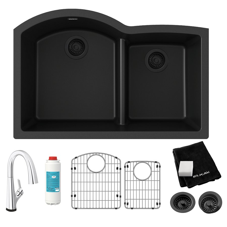 Quartz Classic® 33" x 22" x 10" Offset 60/40 Double Bowl Undermount Sink Kit with Filtered Faucet with Aqua Divide