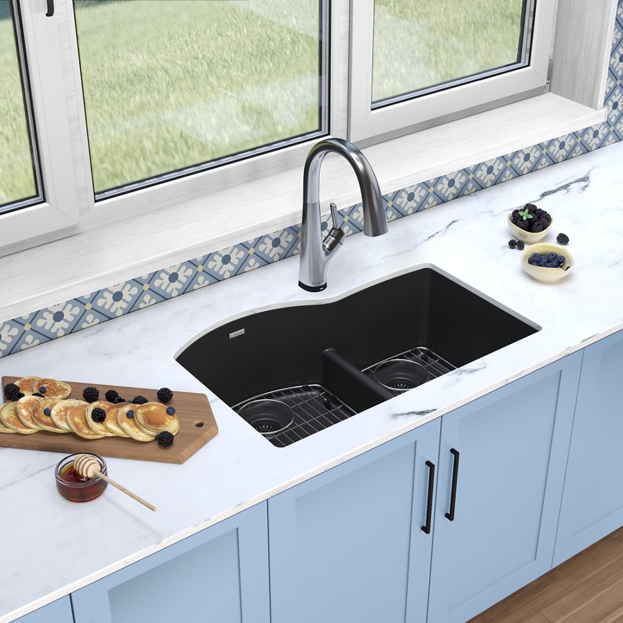 Quartz Classic® 33" x 22" x 10" Offset 60/40 Double Bowl Undermount Sink Kit with Filtered Faucet with Aqua Divide