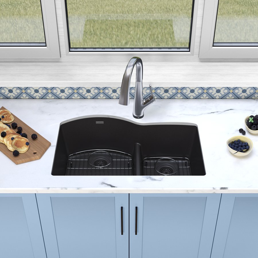Quartz Classic® 33" x 22" x 10" Offset 60/40 Double Bowl Undermount Sink Kit with Filtered Faucet with Aqua Divide