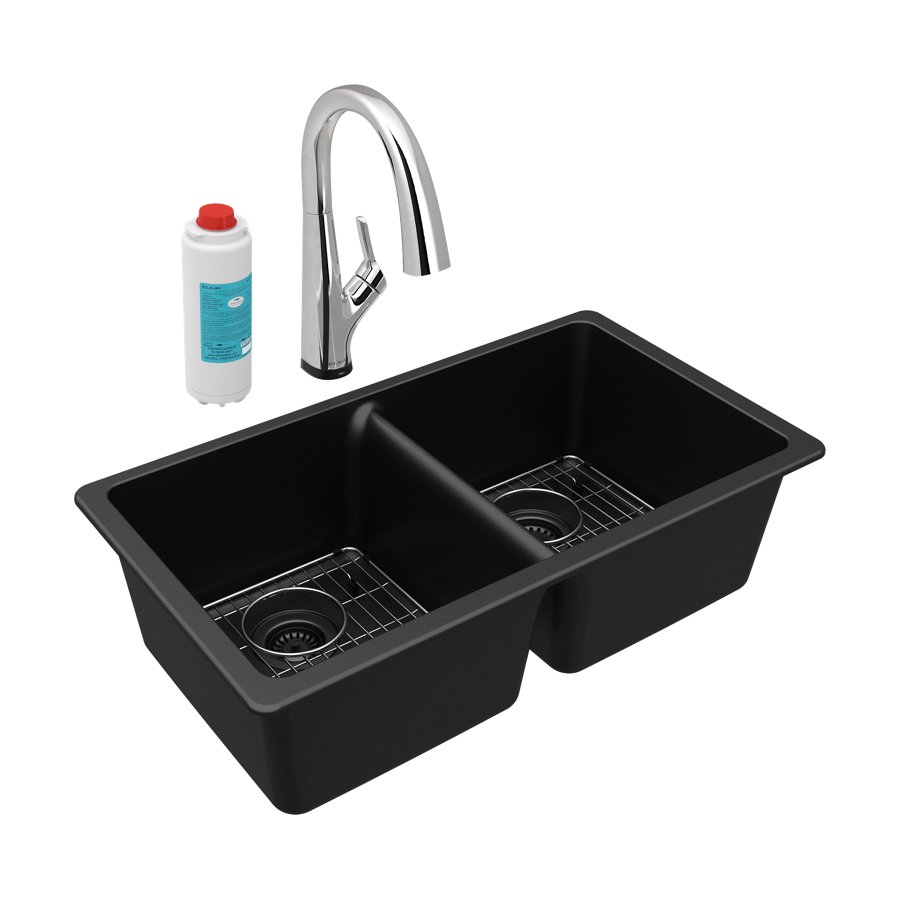 Quartz Classic® 33" x 18-1/2" x 9-1/2" Equal Double Bowl Undermount Sink Kit with Filtered Faucet