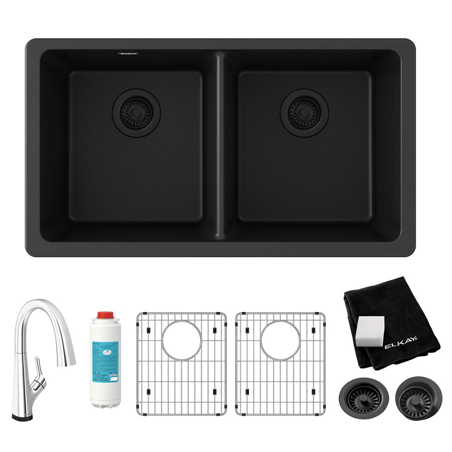 Quartz Classic® 33" x 18-1/2" x 9-1/2" Equal Double Bowl Undermount Sink Kit with Filtered Faucet