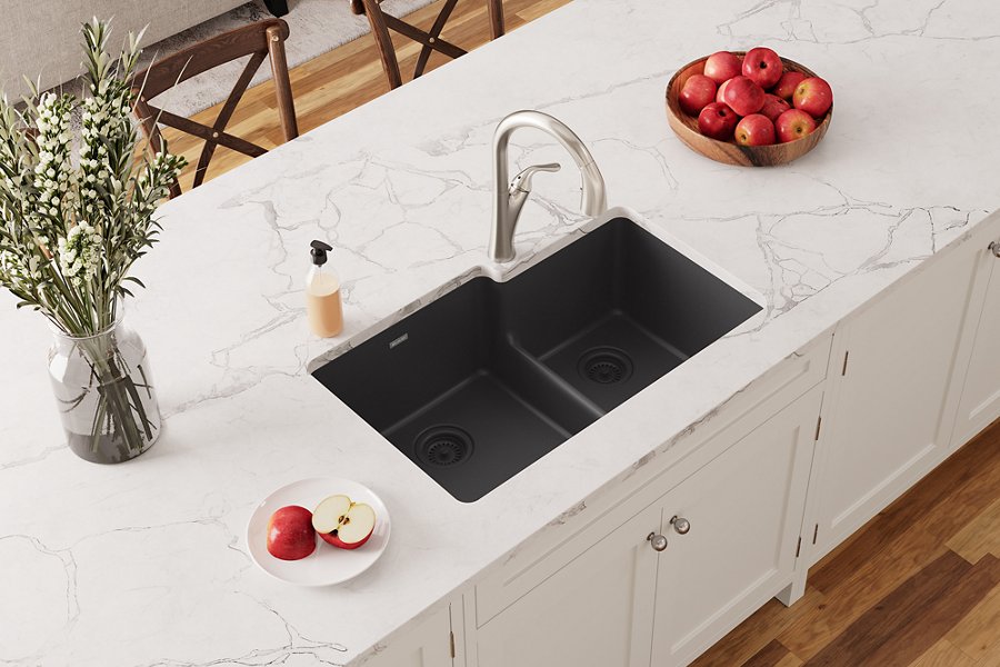 Quartz Classic® 33" x 20-1/2" x 9-1/2" Offset 60/40 Double Bowl Undermount Sink with Aqua Divide