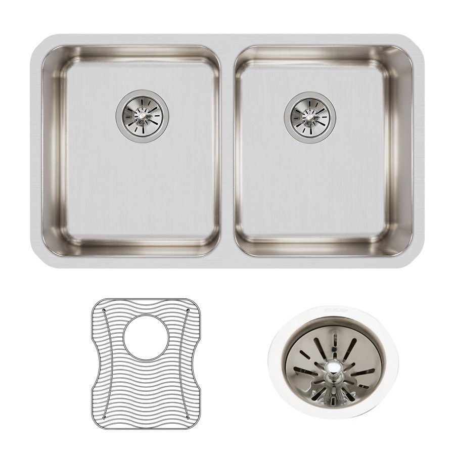 Lustertone® Classic Stainless Steel 30-3/4" x 18-1/2" x 10" Equal Double Bowl Undermount Sink Kit with Left Drain