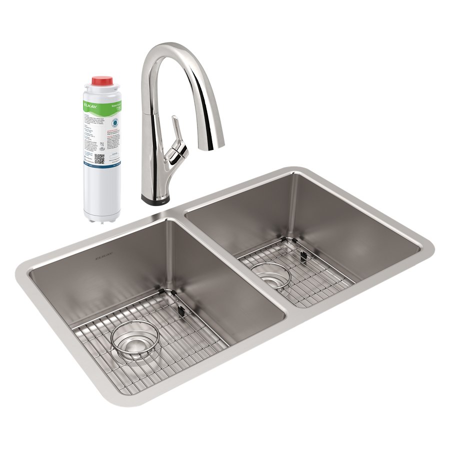 Lustertone Iconix® 18 Gauge Stainless Steel 32-3/4" x 19-1/2" x 9" Double Bowl Undermount Sink Kit with Filtered Faucet