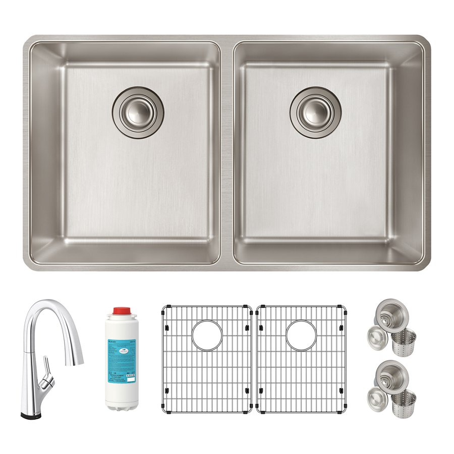 Lustertone Iconix® 18 Gauge Stainless Steel 32-3/4" x 19-1/2" x 9" Double Bowl Undermount Sink Kit with Filtered Faucet