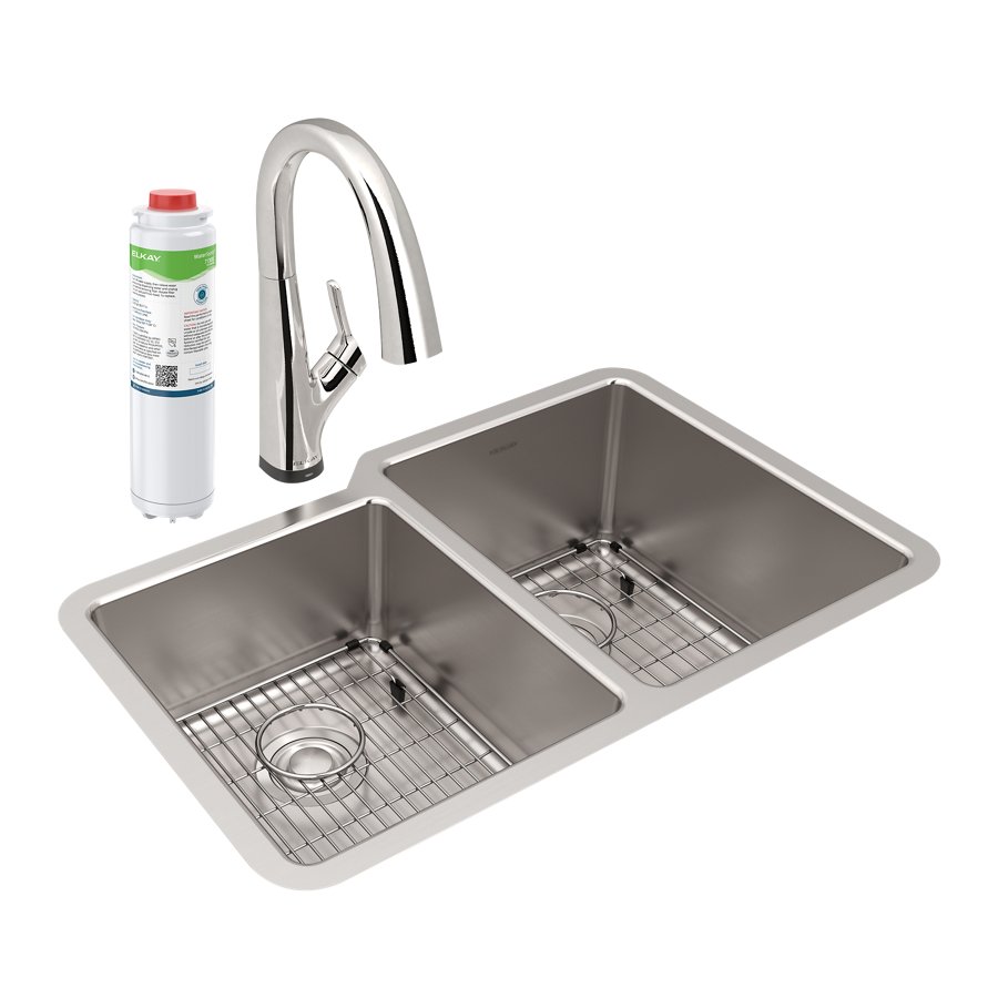 Lustertone Iconix® 18 Gauge Stainless Steel 31-1/4" x 20-1/2" x 9" Offset 40/60 Bowl Undermount Sink Kit w/Filter Faucet