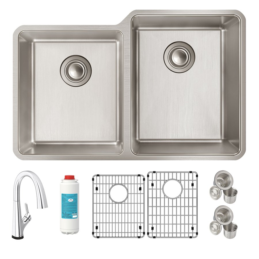 Lustertone Iconix® 18 Gauge Stainless Steel 31-1/4" x 20-1/2" x 9" Offset 40/60 Bowl Undermount Sink Kit w/Filter Faucet