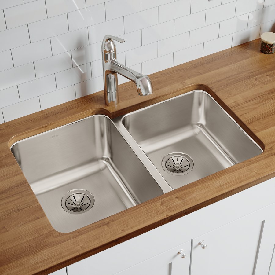 Lustertone® Classic Stainless Steel, 31-1/4" x 20-1/2" x 9-7/8" Offset Double Bowl Undermount Sink