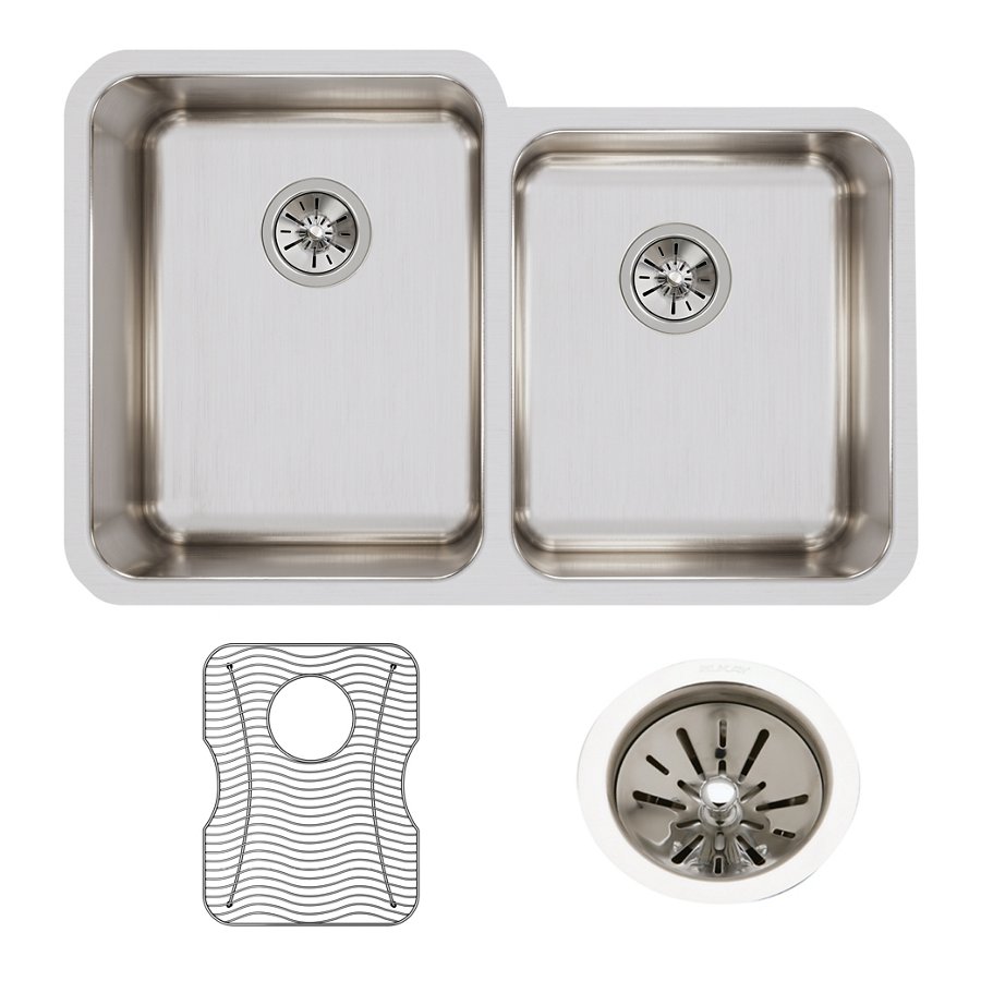Lustertone® Classic Stainless Steel, 31-1/4" x 20-1/2" x 9-7/8" Offset 60/40Double Bowl Undermount Sink Kit