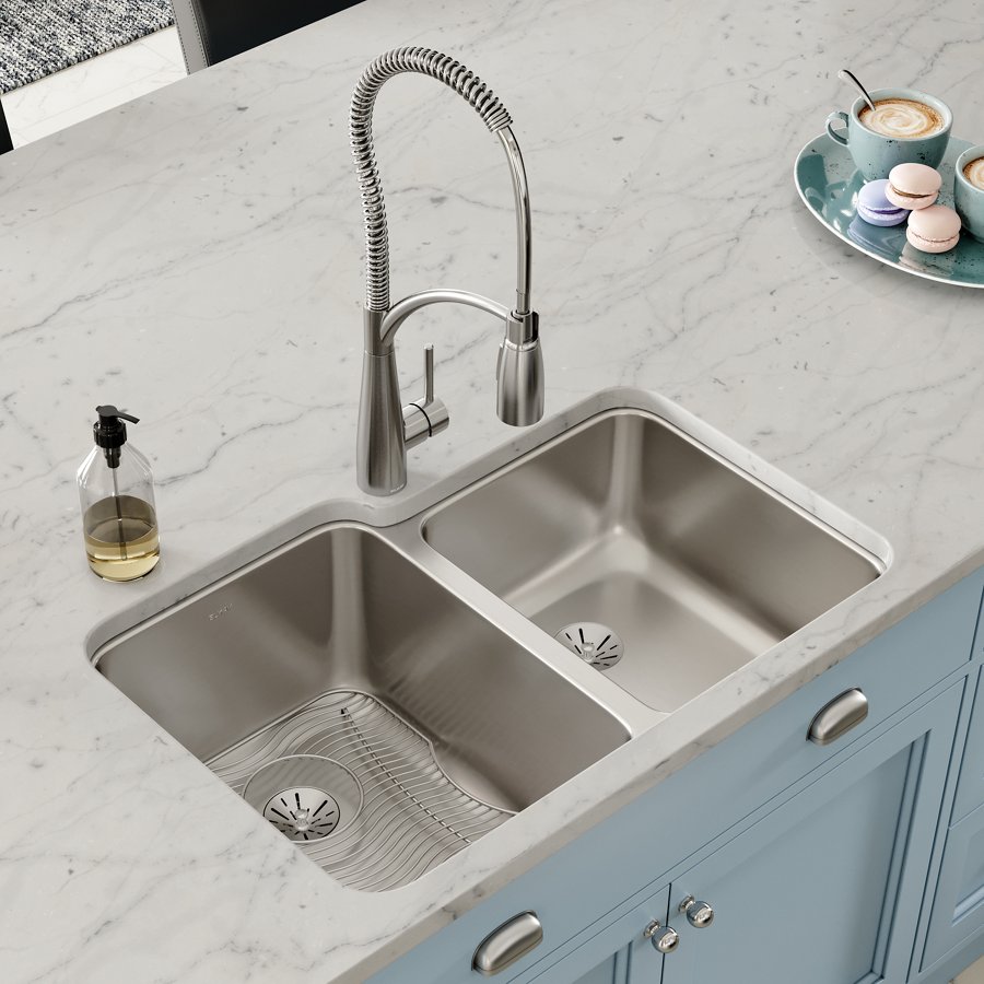 Lustertone® Classic Stainless Steel 31-1/4" x 20-1/2" x 9-7/8" Double Bowl Undermount Sink Kit with Right Perfect Drain®