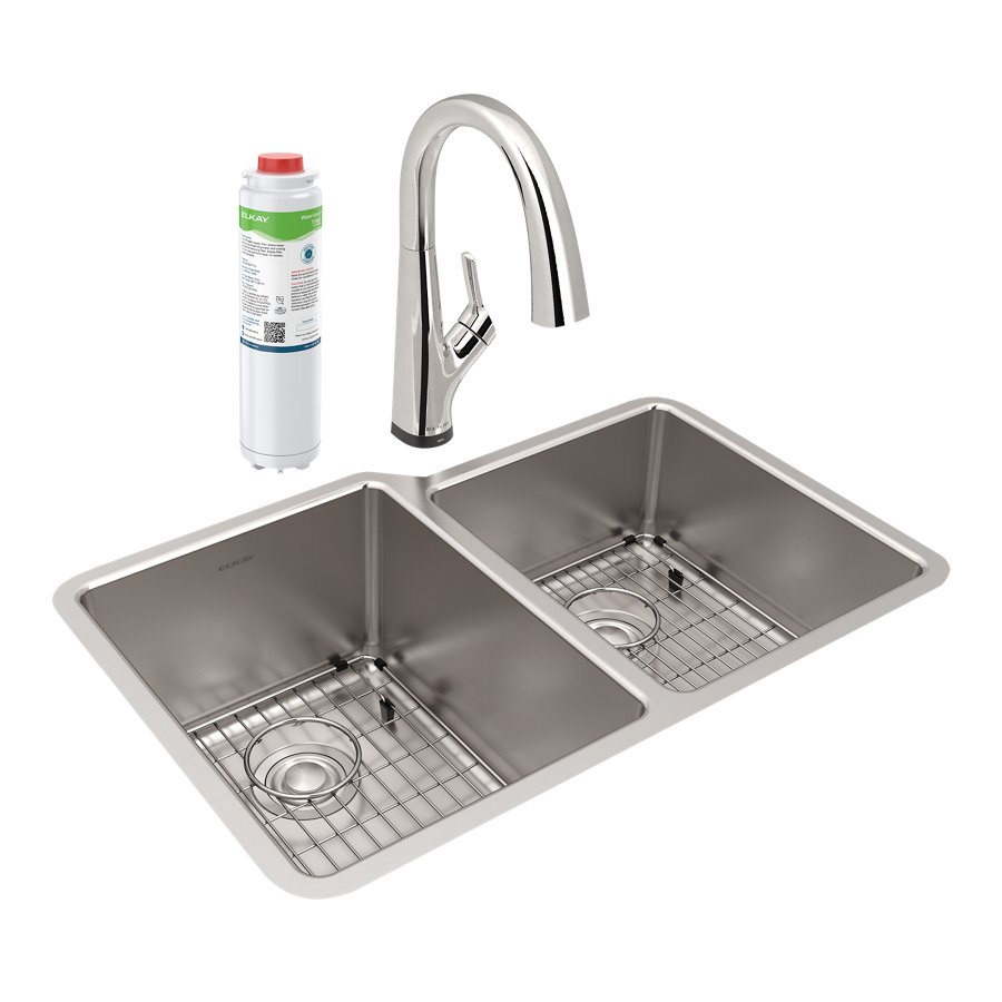 Lustertone Iconix® 18 Gauge Stainless Steel 31-1/4" x 20-1/2" x 9" Offset 60/40 Bowl Undermount Sink Kit w/Filter Faucet
