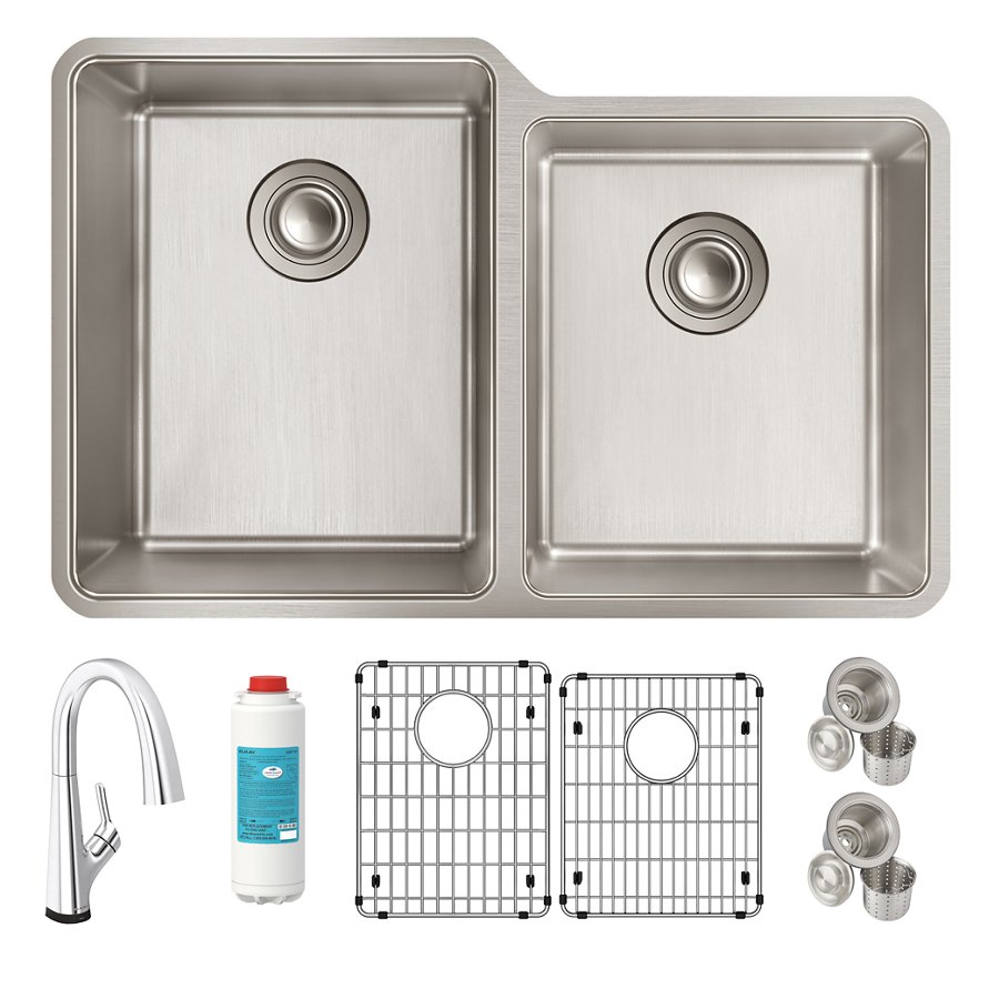 Lustertone Iconix® 18 Gauge Stainless Steel 31-1/4" x 20-1/2" x 9" Offset 60/40 Bowl Undermount Sink Kit w/Filter Faucet