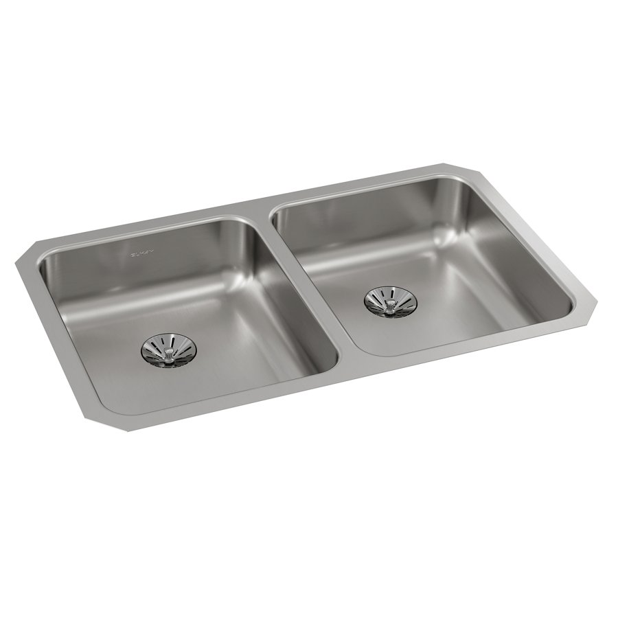 Lustertone® Classic Stainless Steel 30-3/4" x 18-1/2" x 5-3/8" Double Bowl Undermount ADA Sink w/Perfect Drain®