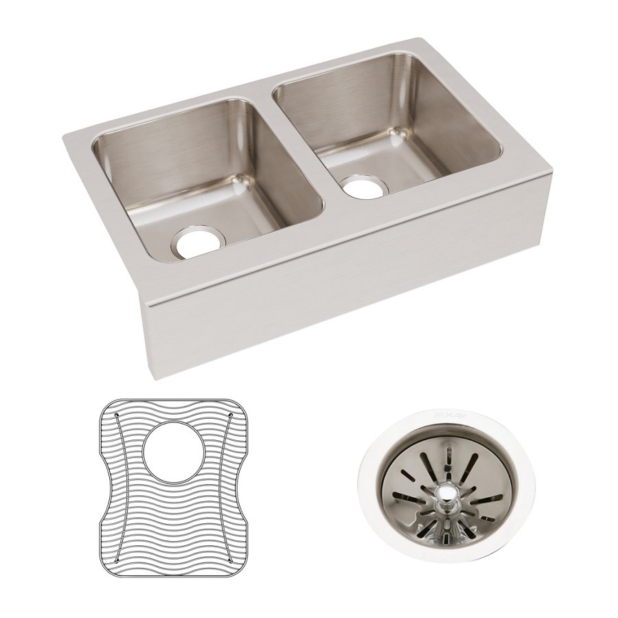 Lustertone® Classic Stainless Steel 33" x 20-1/2" x 10" Equal Double Bowl Farmhouse Sink Kit