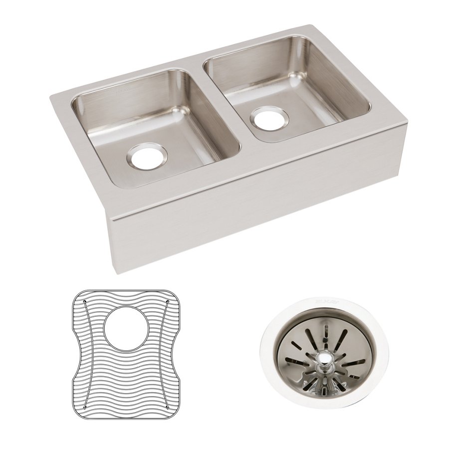 Lustertone® Classic Stainless Steel 33" x 20-1/2" x 7-7/8" Equal Double Bowl Farmhouse Sink Kit