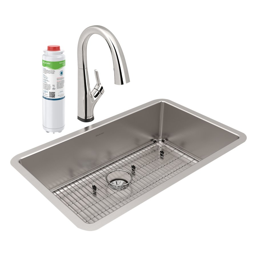 Lustertone Iconix® 16 Gauge Stainless Steel 32-1/2" x 19-1/2" x 9" Single Bowl Undermount Sink Kit with Filtered Faucet with Perfect Drain®