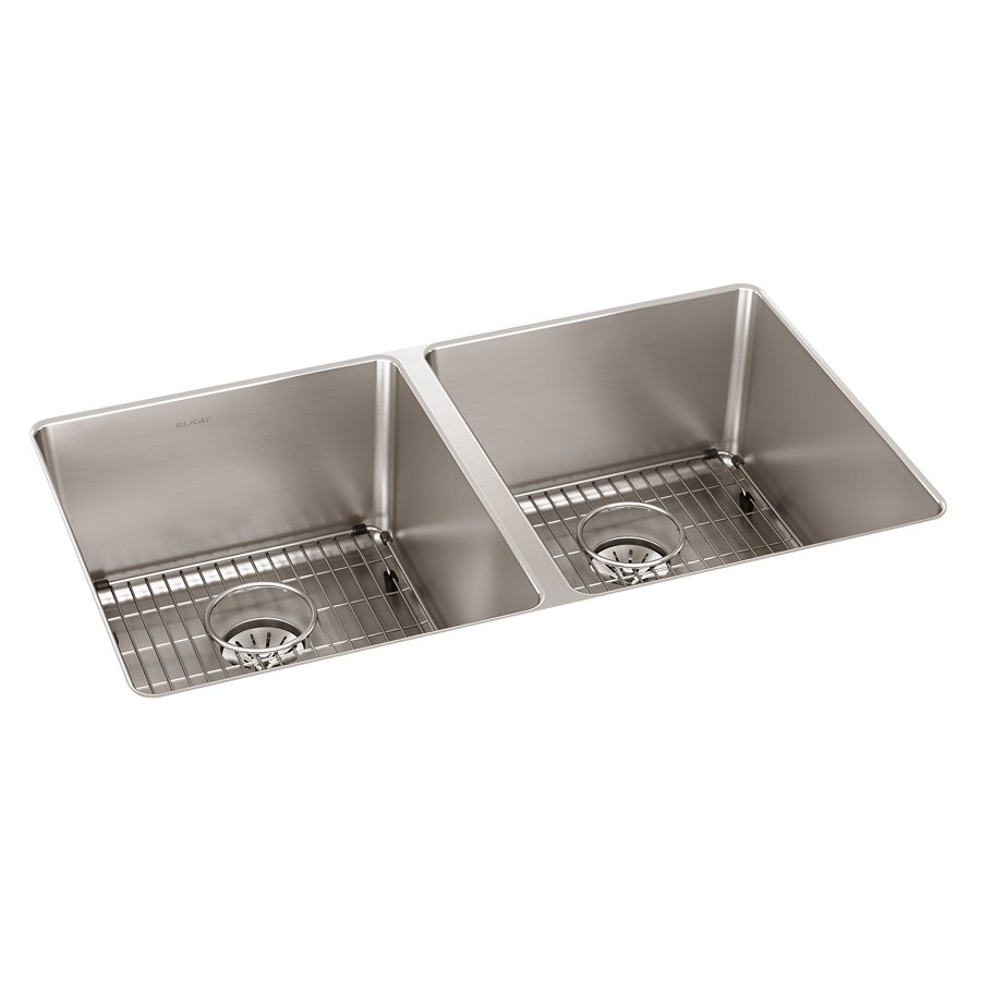 Lustertone Iconix® 16 Gauge Stainless Steel 32-3/4" x 19-1/2" x 9" Double Bowl Undermount Sink Kit with Perfect Drain®
