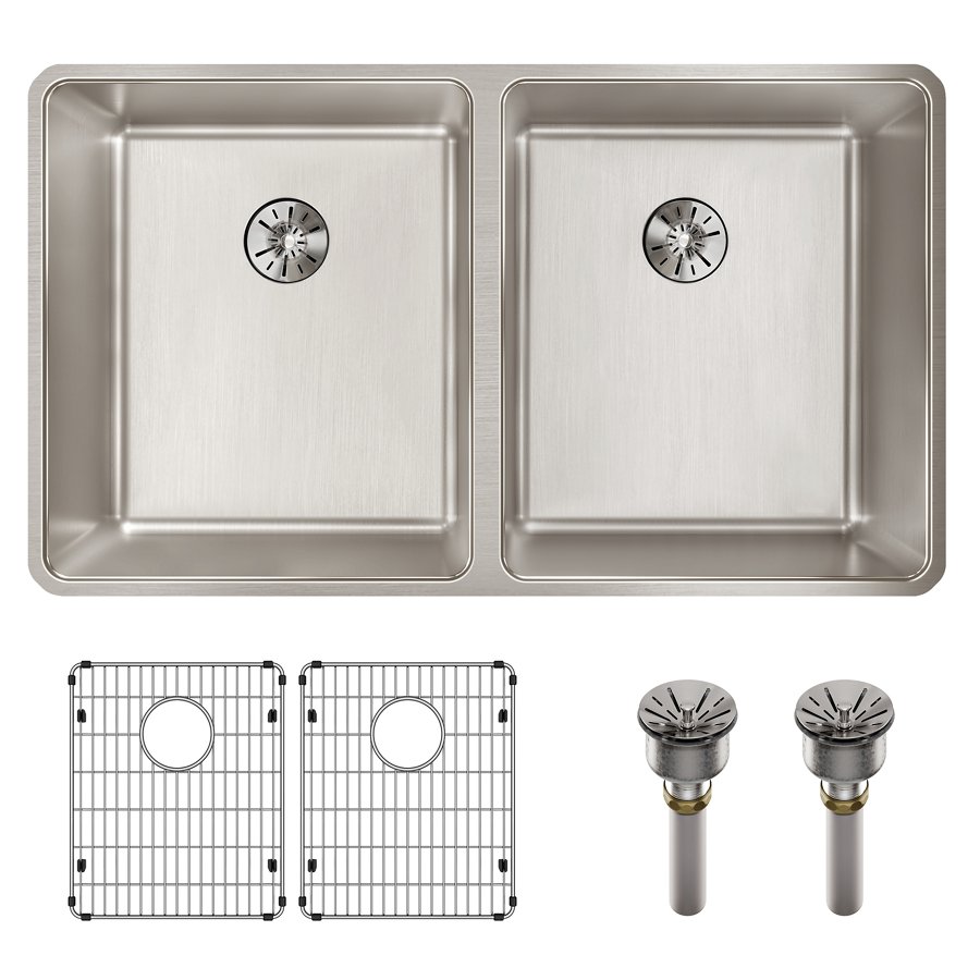 Lustertone Iconix® 16 Gauge Stainless Steel 32-3/4" x 19-1/2" x 9" Double Bowl Undermount Sink Kit with Perfect Drain®
