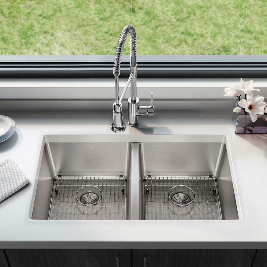 Lustertone Iconix® 16 Gauge Stainless Steel 32-3/4" x 19-1/2" x 9" Double Bowl Undermount Sink Kit with Perfect Drain®