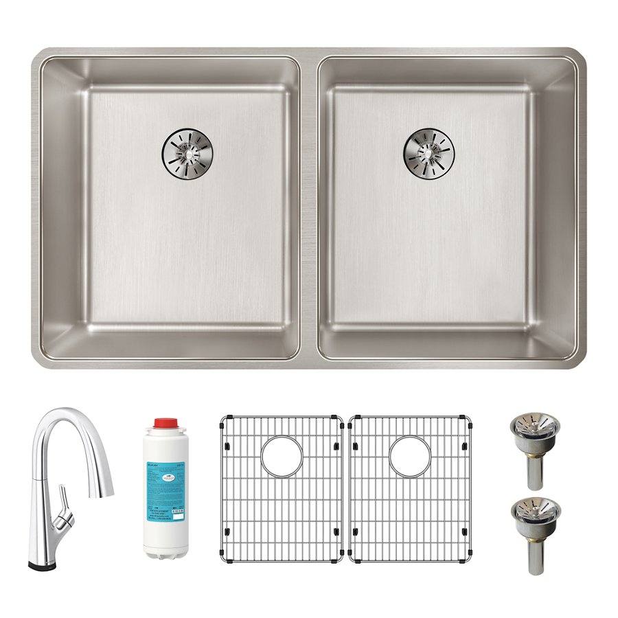 Lustertone Iconix® 16 Gauge Stainless Steel 32-3/4" x 19-1/2" x 9" Double Bowl Undermount Sink Kit with Filtered Faucet with Perfect Drain®