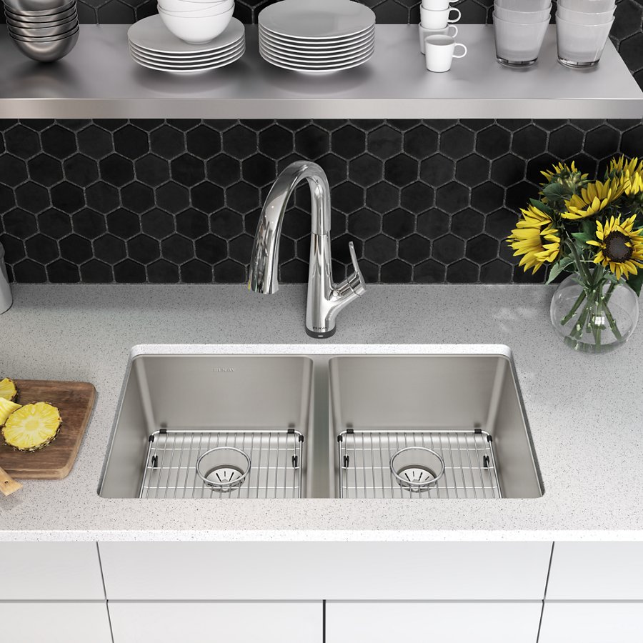 Lustertone Iconix® 16 Gauge Stainless Steel 32-3/4" x 19-1/2" x 9" Double Bowl Undermount Sink Kit with Filtered Faucet with Perfect Drain®