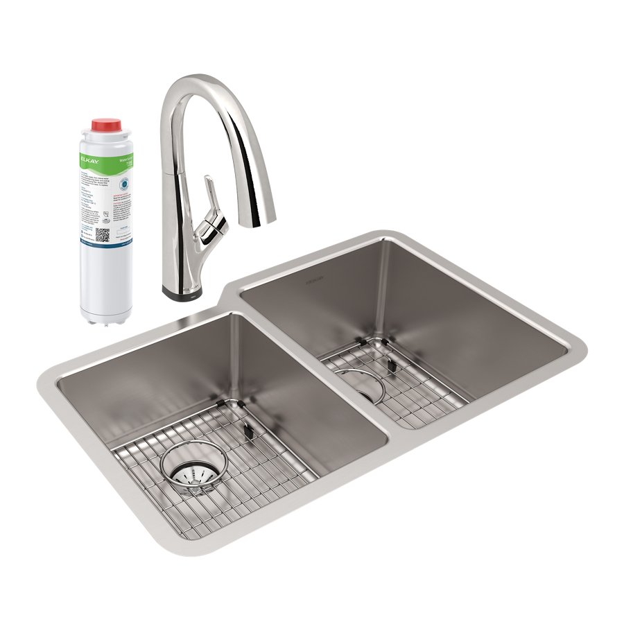 Lustertone Iconix® 16 Ga Stainless Steel 31-1/4" x 20-1/2" x 9" Offset 40/60 Bowl Umt Sink Kit w/Perfect Drain®&Fltr Fct