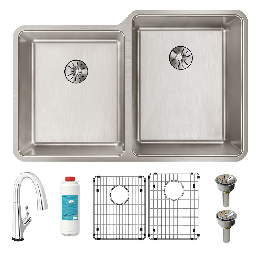 Lustertone Iconix® 16 Ga Stainless Steel 31-1/4" x 20-1/2" x 9" Offset 40/60 Bowl Umt Sink Kit w/Perfect Drain®&Fltr Fct