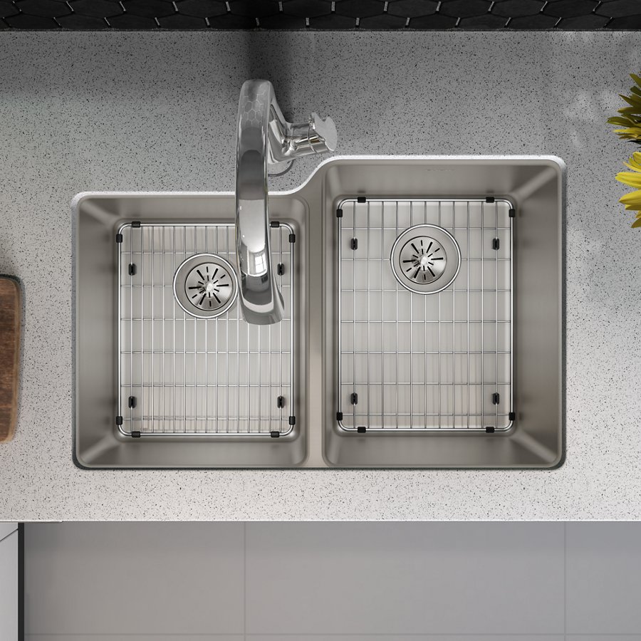 Lustertone Iconix® 16 Ga Stainless Steel 31-1/4" x 20-1/2" x 9" Offset 40/60 Bowl Umt Sink Kit w/Perfect Drain®&Fltr Fct