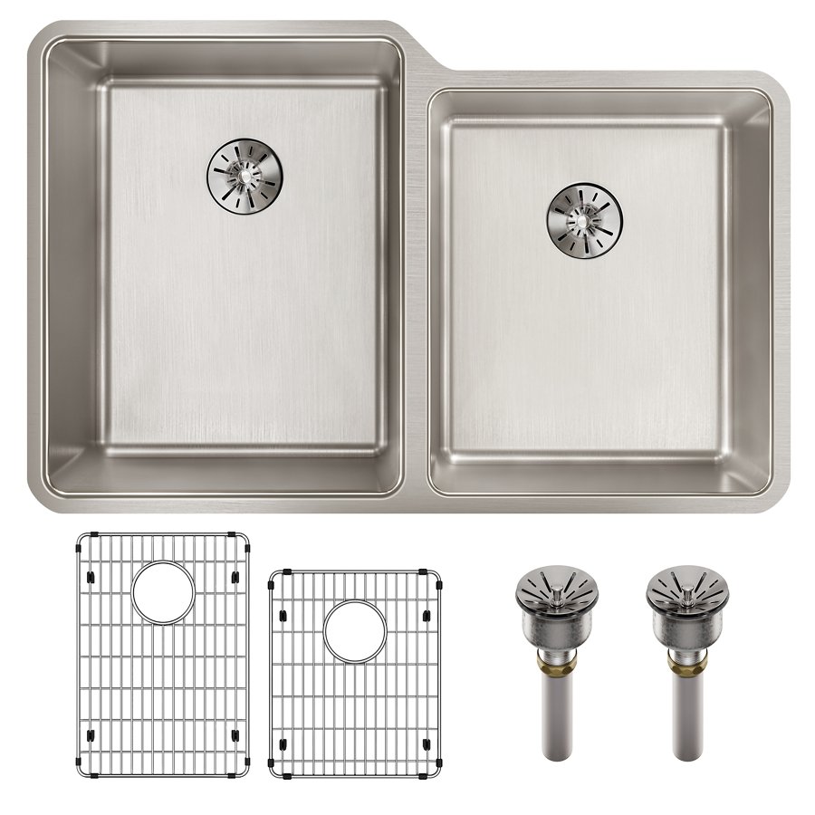 Lustertone Iconix® 16 Gauge Stainless Steel 31-1/4" x 20-1/2" x 9" Double Bowl Undermount Sink Kit with Right Perfect Drain®