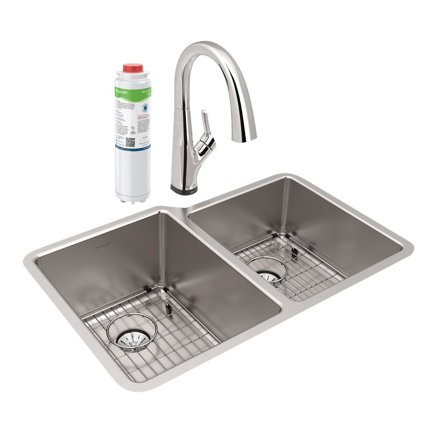 Lustertone Iconix® 16 Ga Stainless Steel 31-1/4" x 20-1/2" x 9" Offset 60/40 Bowl Umt Sink Kit w/Perfect Drain®&Fltr Fct