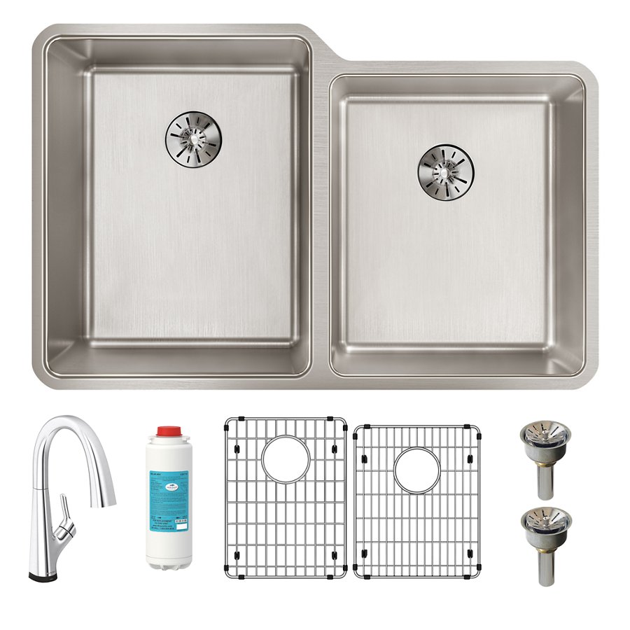 Lustertone Iconix® 16 Ga Stainless Steel 31-1/4" x 20-1/2" x 9" Offset 60/40 Bowl Umt Sink Kit w/Perfect Drain®&Fltr Fct