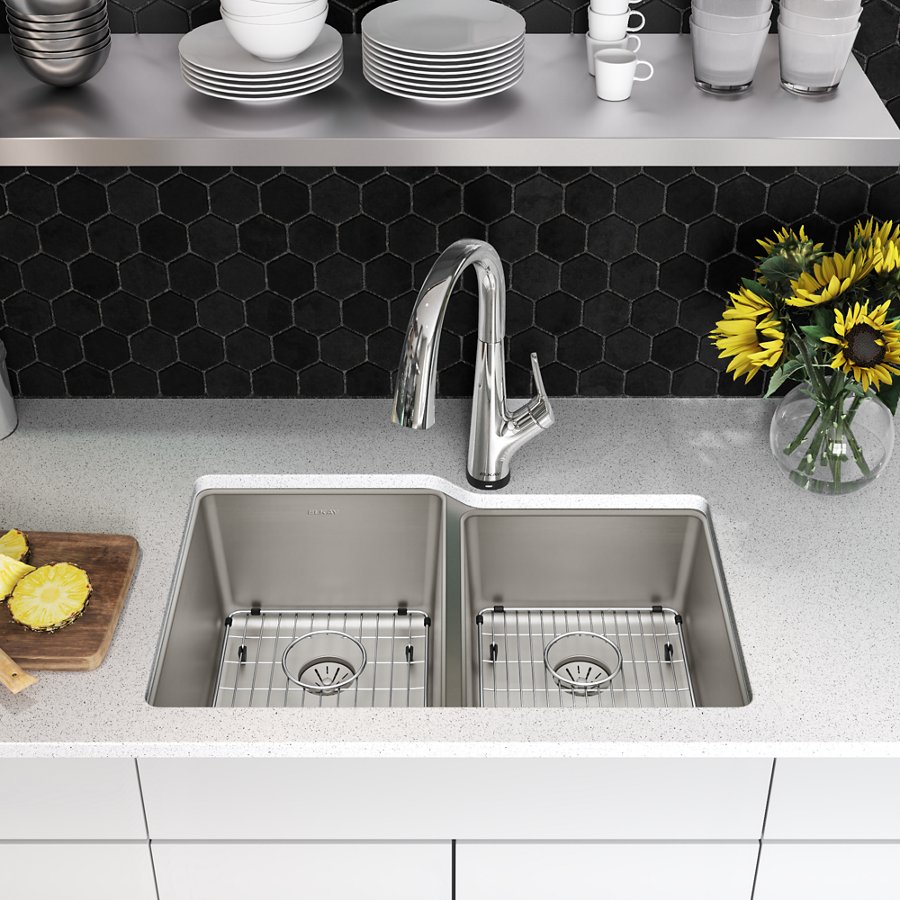 Lustertone Iconix® 16 Ga Stainless Steel 31-1/4" x 20-1/2" x 9" Offset 60/40 Bowl Umt Sink Kit w/Perfect Drain®&Fltr Fct