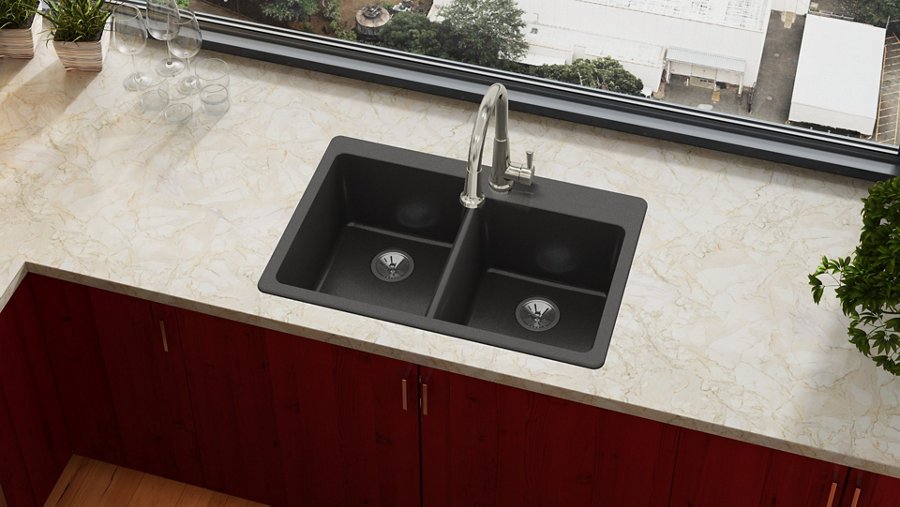 Quartz Luxe® 33" x 22" x 9-1/2" Offset Double Bowl Drop-in Sink