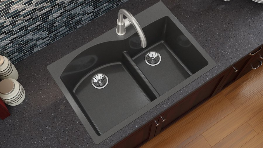 Quartz Luxe® 33" x 22" x 10" Offset 60/40 Double Bowl Drop-in Sink with Aqua Divide