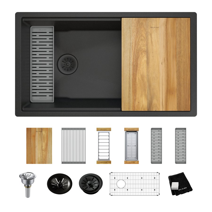 Quartz Luxe® 33" x 19" x 9" Single Bowl Undermount Workstation Sink Kit with Perfect Drain