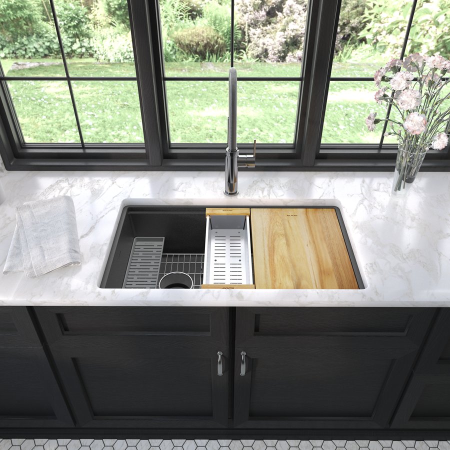 Quartz Luxe® 33" x 19" x 9" Single Bowl Undermount Workstation Sink Kit with Perfect Drain