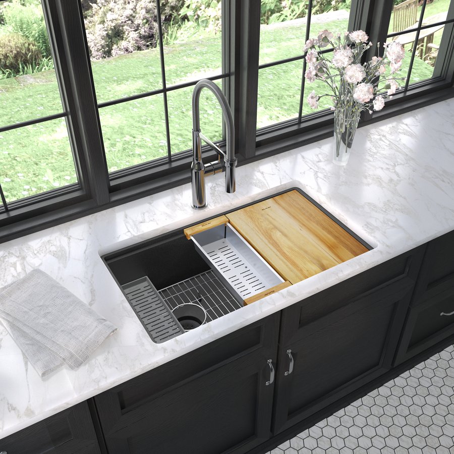 Quartz Luxe® 33" x 19" x 9" Single Bowl Undermount Workstation Sink Kit with Perfect Drain