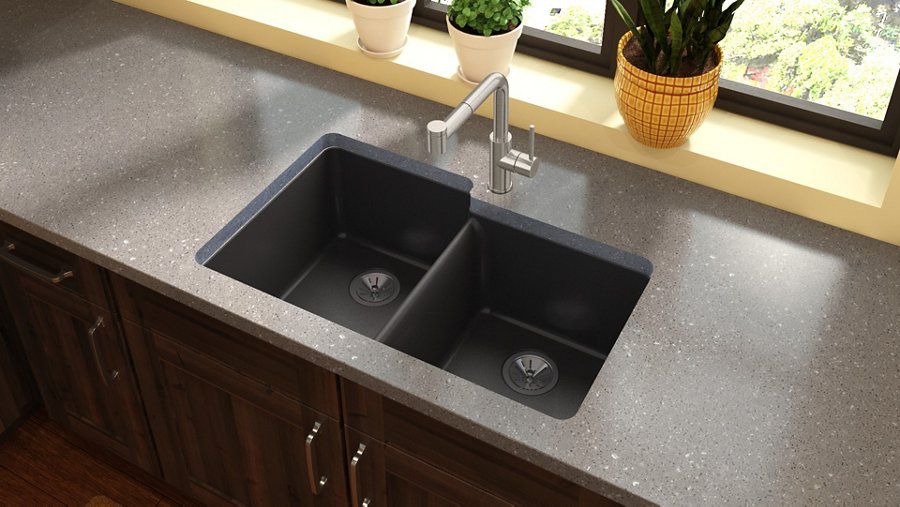Quartz Luxe® 33" x 20-1/2" x 9-1/2" Offset Double Bowl Undermount Sink
