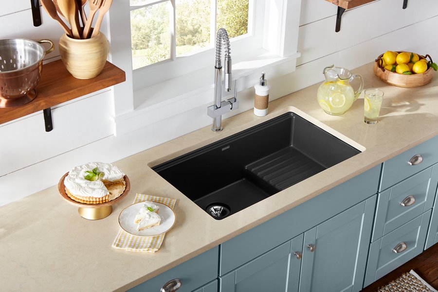 Ferguson Exclusive Quartz Luxe® 35-7/8" x 20-5/8" x 9-1/2" Single Bowl Undermount Sink w/Drainboard+Perfect Drain®