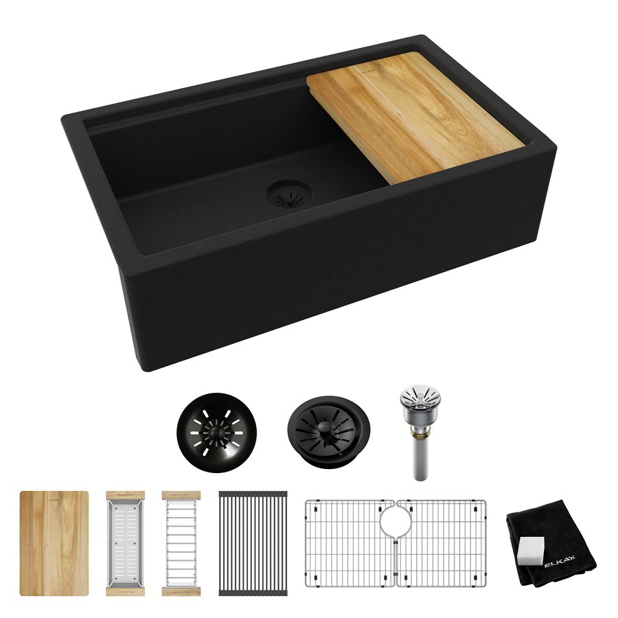 Quartz Luxe® 35-7/8" x 21-9/16" x 9" Single Bowl 10" Apron Farmhouse Workstation Sink with Perfect Drain®