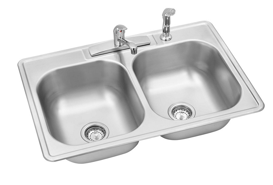 Stainless Steel 33" x 22" x 8-1/16" 4-Hole Double Bowl Drop-in Sink with Quick-clip + Faucet Kit