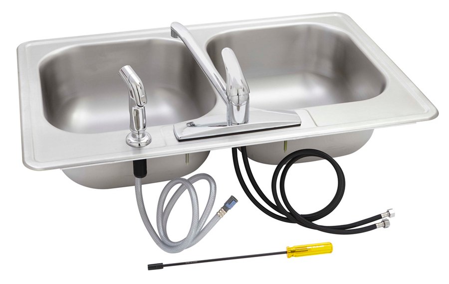 Stainless Steel 33" x 22" x 8-1/16" 4-Hole Double Bowl Drop-in Sink with Quick-clip + Faucet Kit