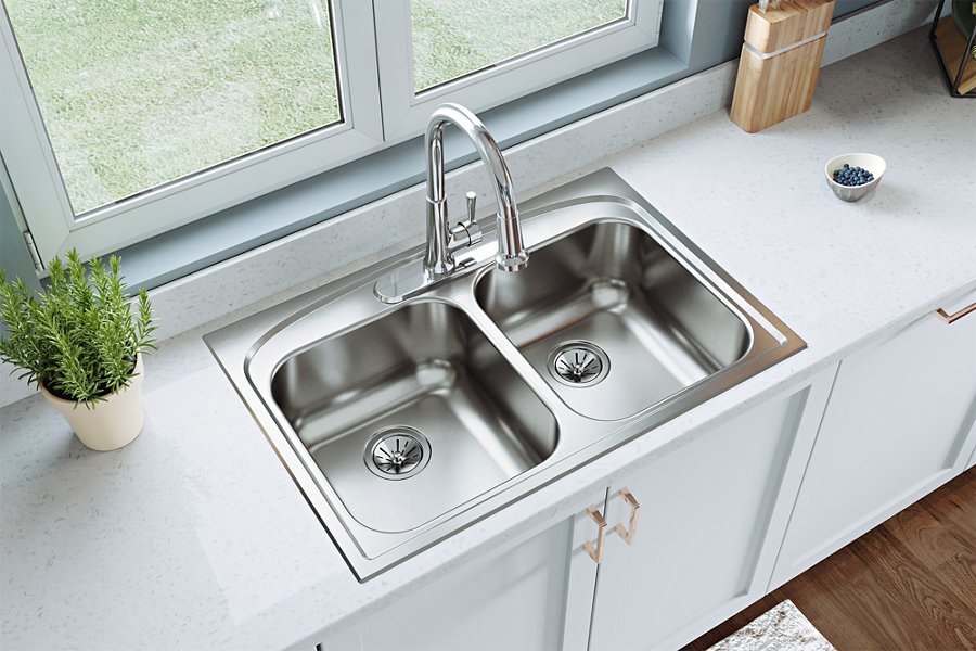 Pergola™ Stainless Steel 33" x 22" x 9" 3-Hole Double Bowl Drop-in Sink