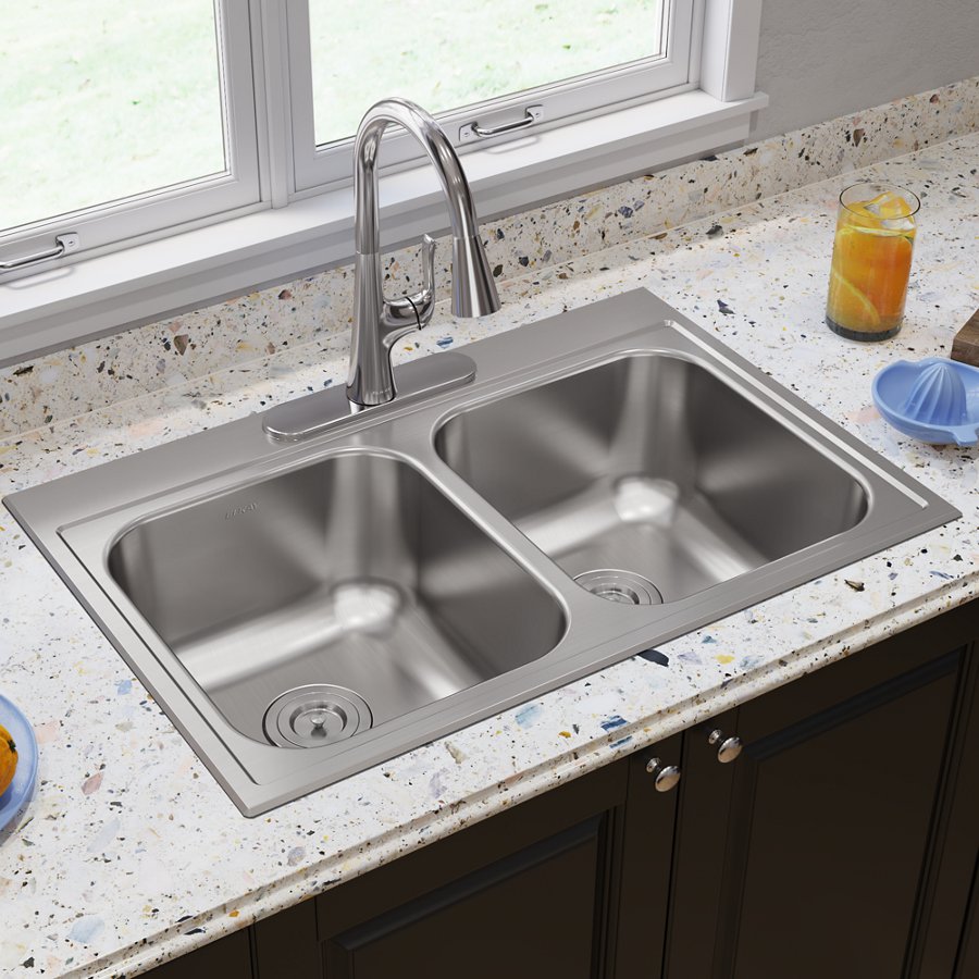Parkway™ 33" x 22" x 9" Stainless Steel 3-Hole Double Bowl Drop-in Sink