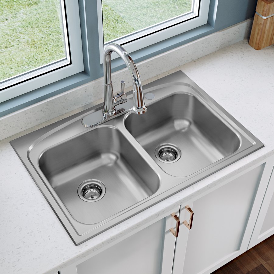 Pergola™ Stainless Steel 33" x 22" x 9" 4-Hole Double Bowl Drop-in Sink