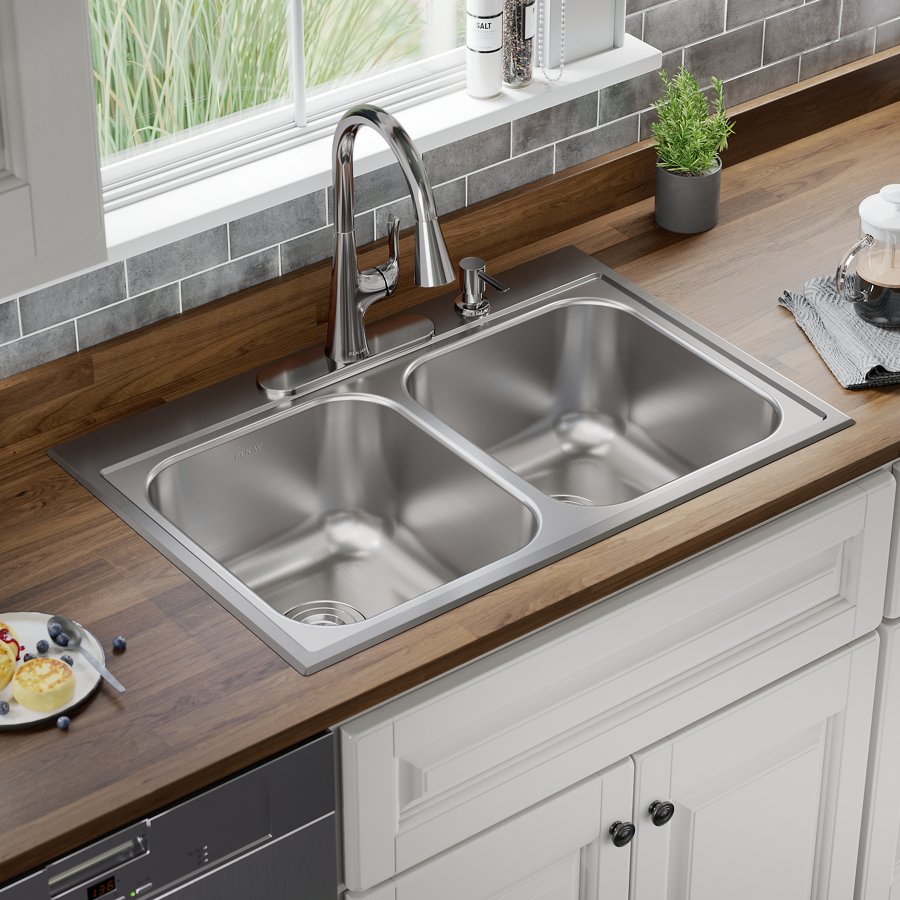 Parkway™ 33" x 22" x 9" Stainless Steel 4-Hole Double Bowl Drop-in Sink